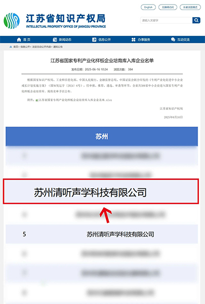 清聽聲學入選江蘇省國家專利產業化樣板企業培育庫