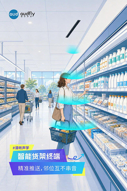 清聽聲學定向發聲技術應用于智能貨架終端，實現商品語音精準導購，互不串音