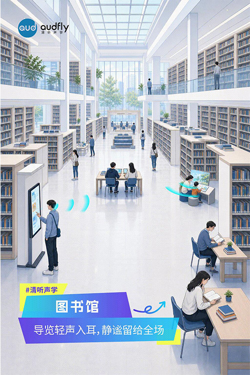 清聽聲學定向發聲技術應用于圖書館導覽系統，實現精準語音導引，不影響閱讀環境