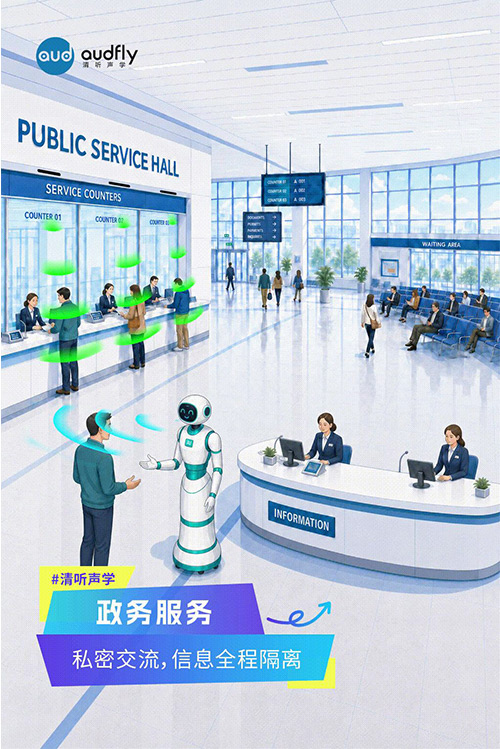 清聽聲學定向發聲技術應用于政務服務窗口，實現窗口間精準傳音，保護辦事隱私