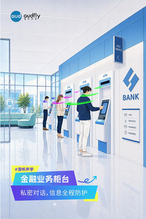 清聽聲學定向發聲技術應用于銀行金融柜臺，實現一對一精準傳音，保障業務交流隱私